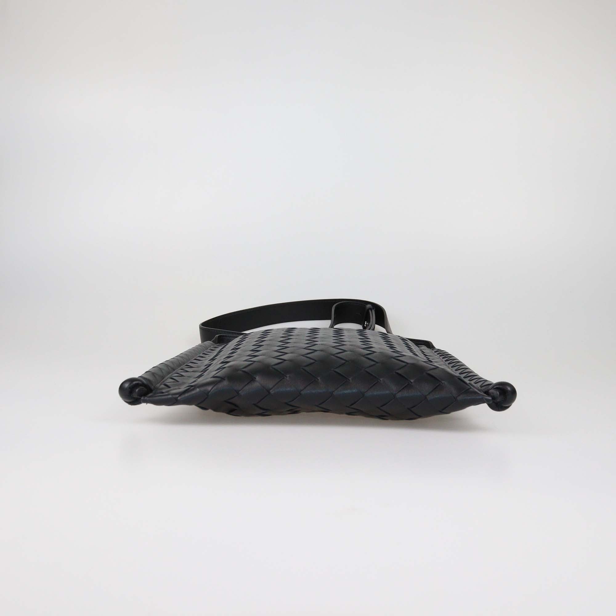 Bottega Veneta Black Intrecciato Leather Large Flat Loop Messenger Bag