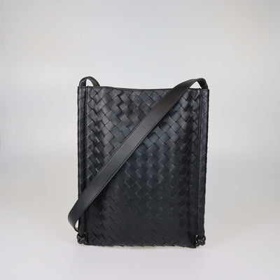 Bottega Veneta Black Intrecciato Leather Large Flat Loop Messenger Bag