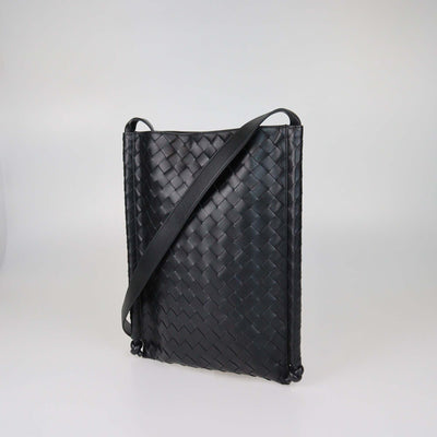 Bottega Veneta Black Intrecciato Leather Large Flat Loop Messenger Bag