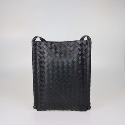 Bottega Veneta Black Intrecciato Leather Large Flat Loop Messenger Bag