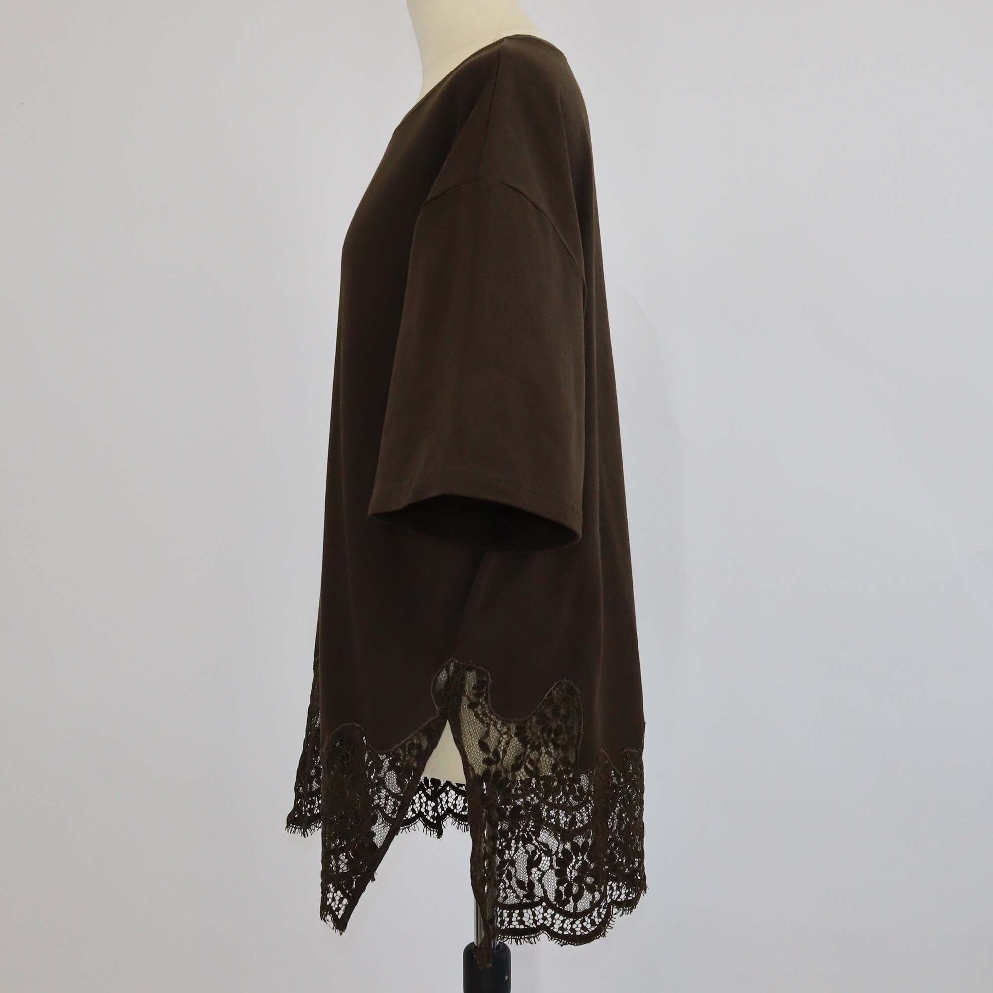 Bimba y Lola Dark Brown Cotton Oversize Lace Short Sleeve T-Shirt