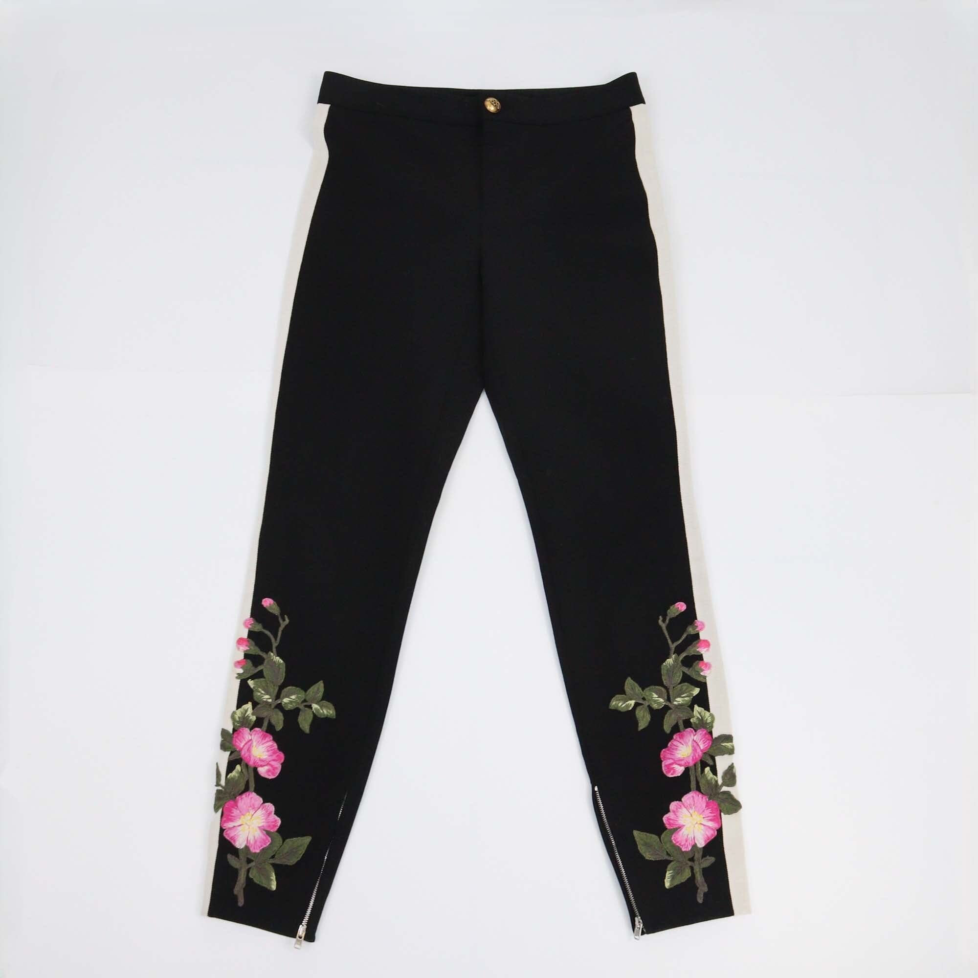 Gucci Black Striped Floral Embroidered Skinny Pants Womens Gucci 