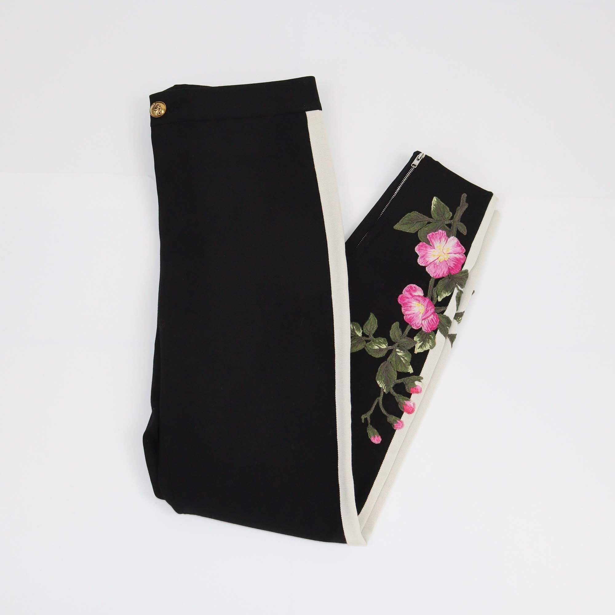 Gucci Black Striped Floral Embroidered Skinny Pants Womens Gucci 