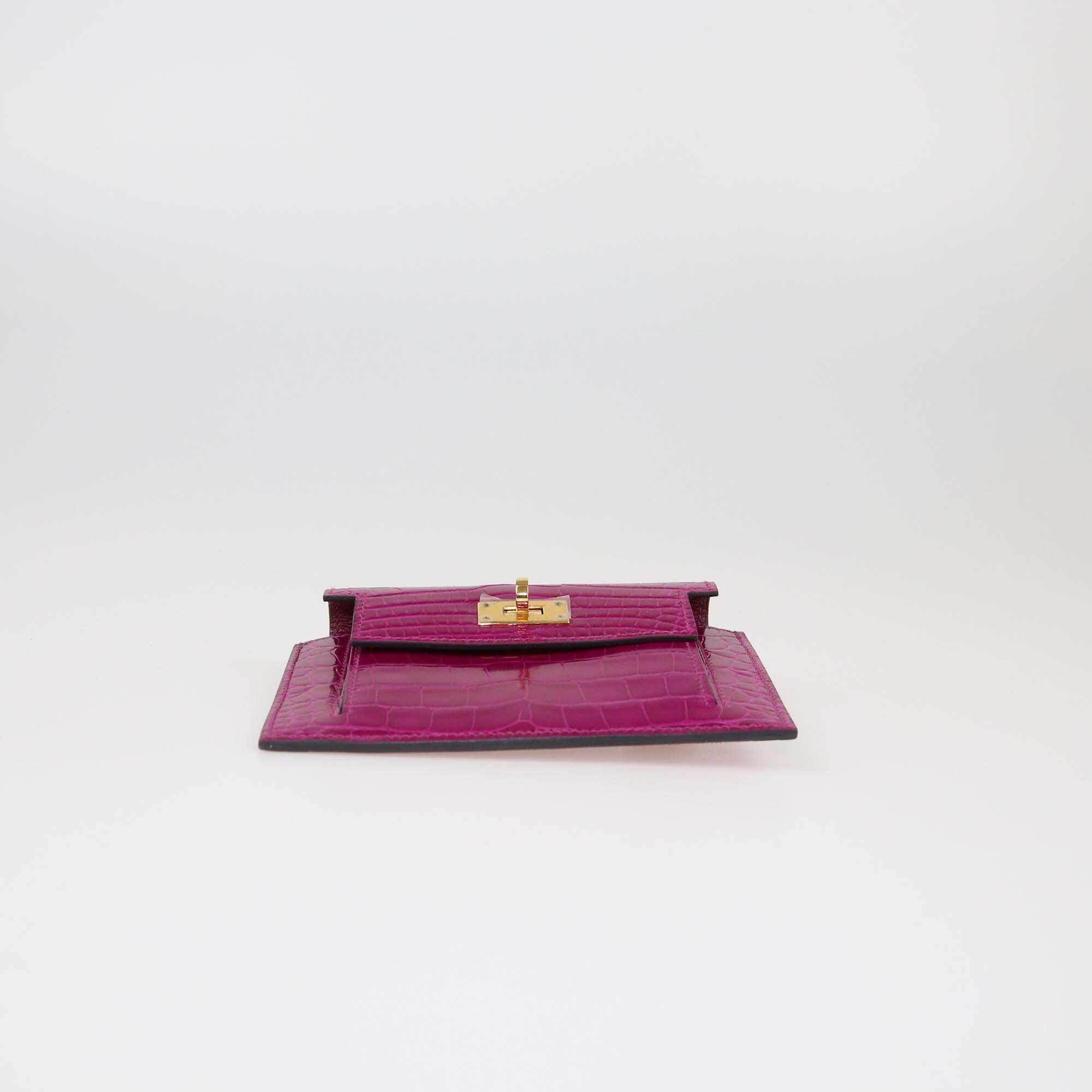 Hermes Rose Scheherazade Alligator Kelly Pocket Compact Wallet Womens Hermes 