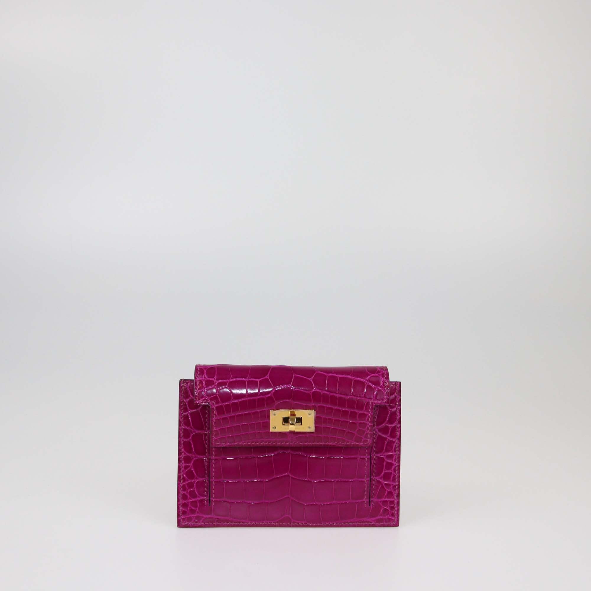 Hermes Rose Scheherazade Alligator Kelly Pocket Compact Wallet Womens Hermes 