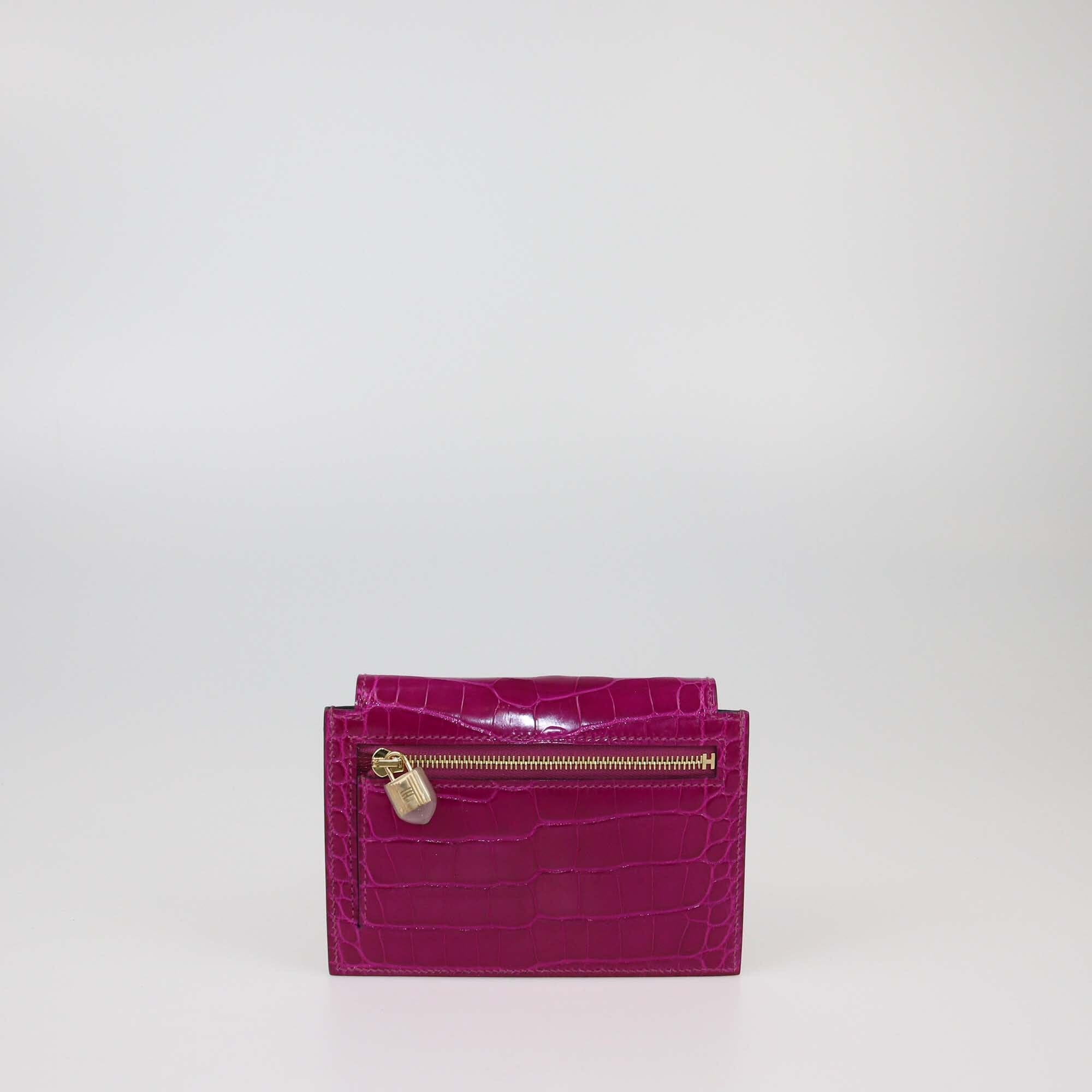 Hermes Rose Scheherazade Alligator Kelly Pocket Compact Wallet Womens Hermes 