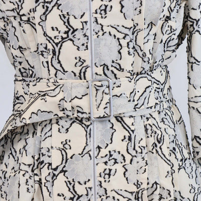 Jil Sander Cream/Black Cotton Blended Floral Textured Belted Midi Dress