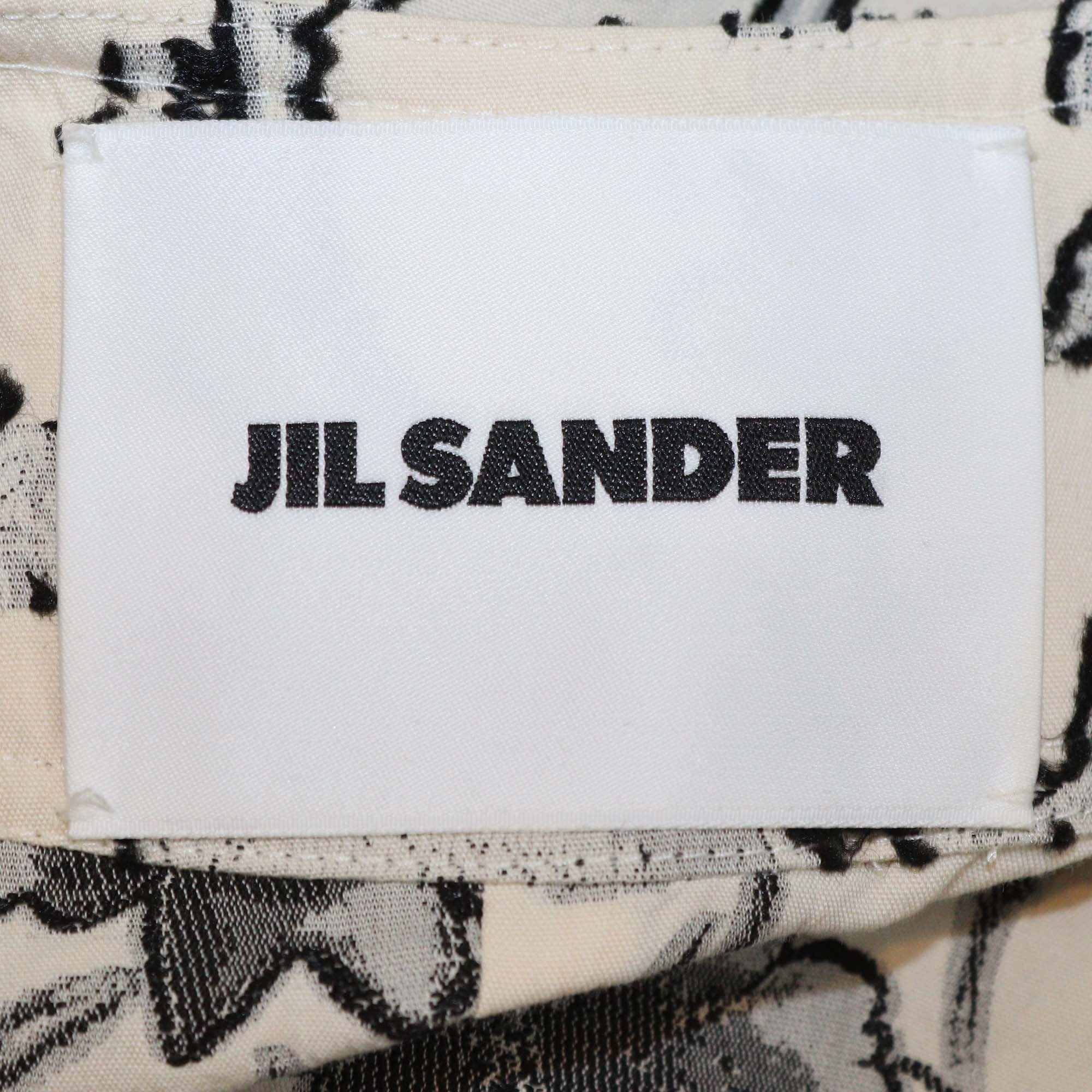 Jil Sander Cream/Black Cotton Blended Floral Textured Belted Midi Dress