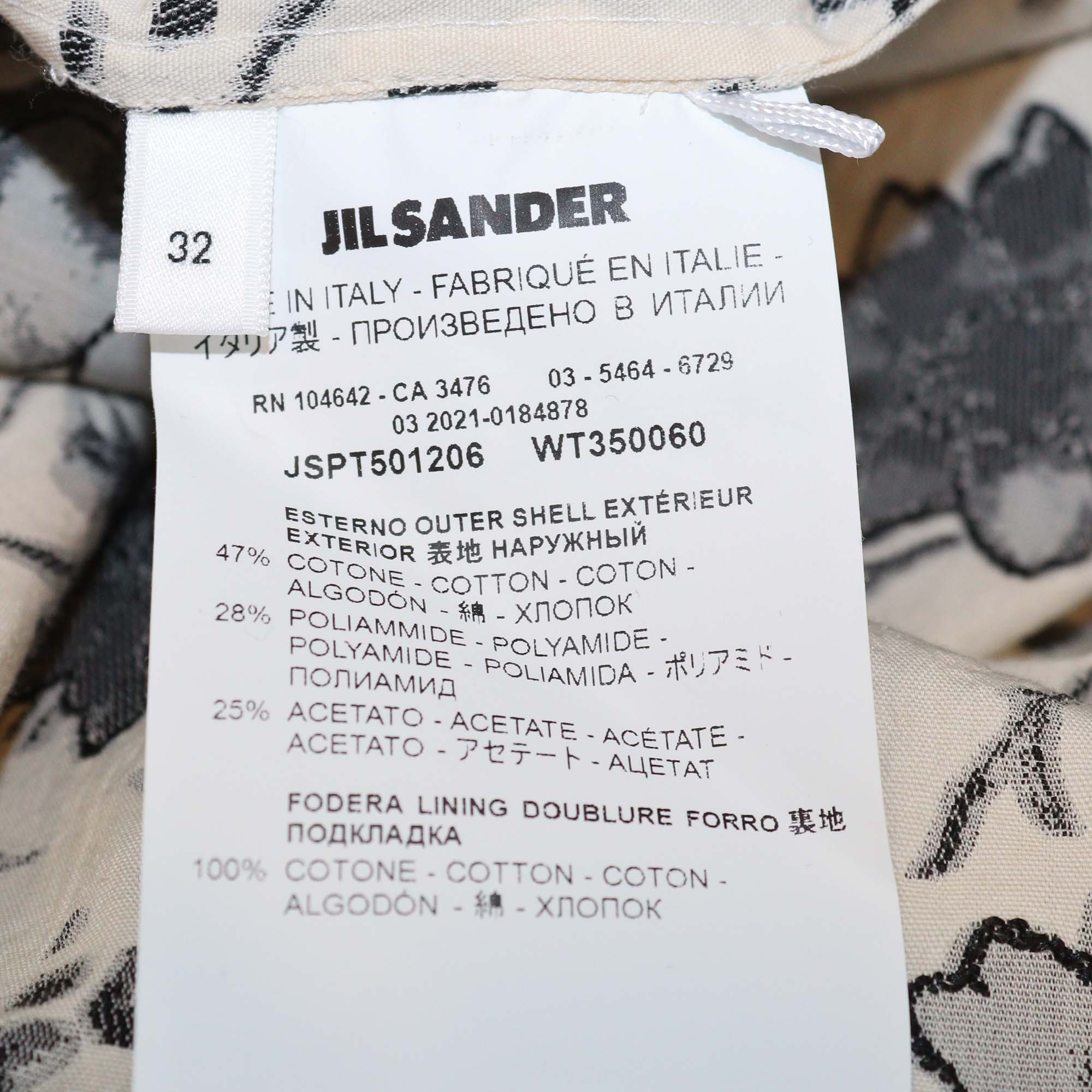 Jil Sander Cream/Black Cotton Blended Floral Textured Belted Midi Dress