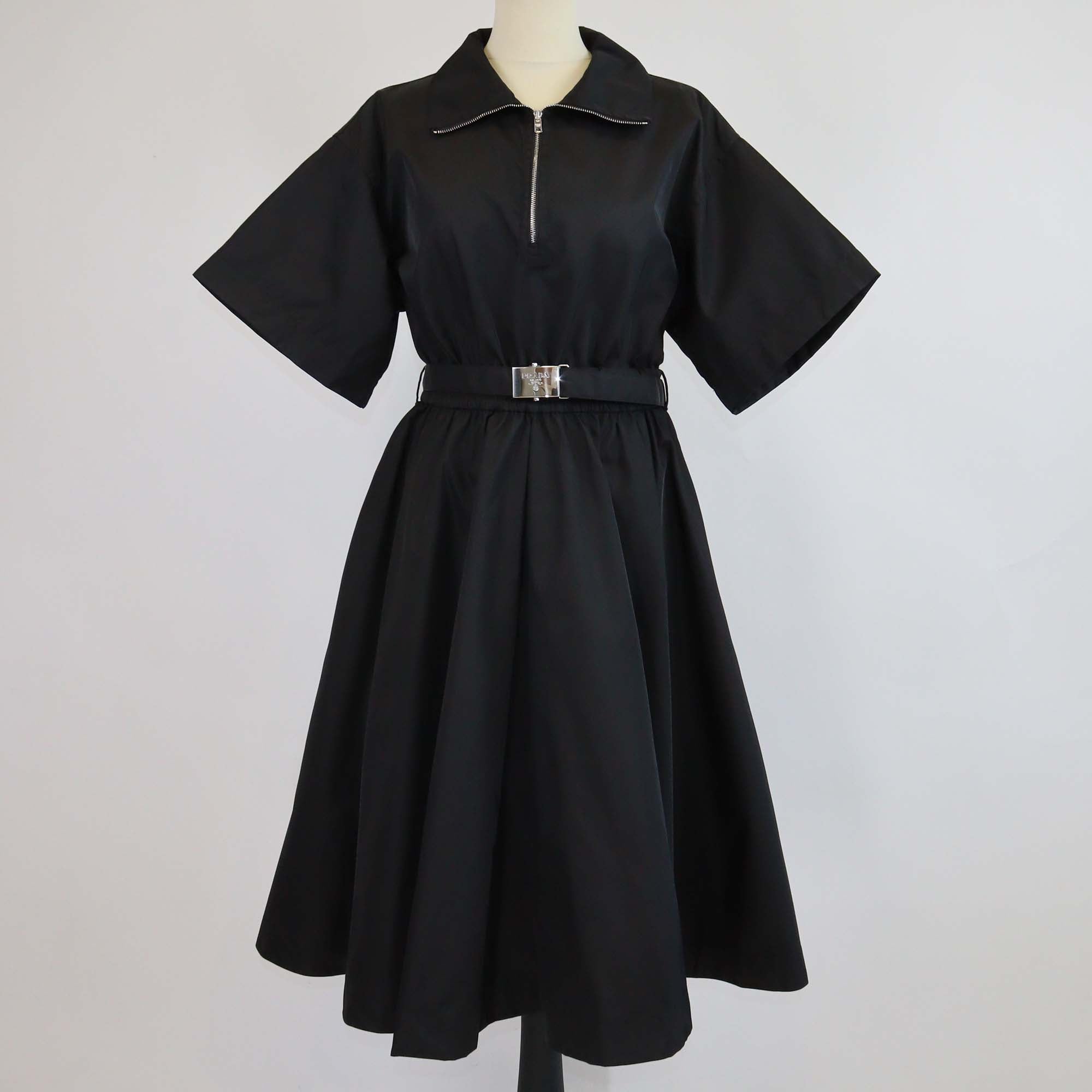 Prada Black Renylon Short Sleeve Belted Midi Dress
