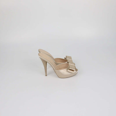 Fendi Metallic Beige Satin Bow Peep Toe Platform Sandals
