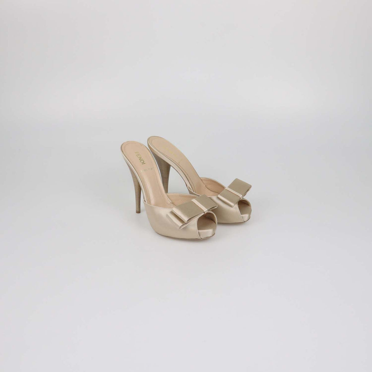 Fendi Metallic Beige Satin Bow Peep Toe Platform Sandals