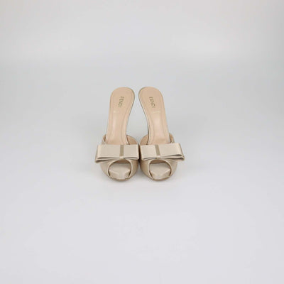 Fendi Metallic Beige Satin Bow Peep Toe Platform Sandals