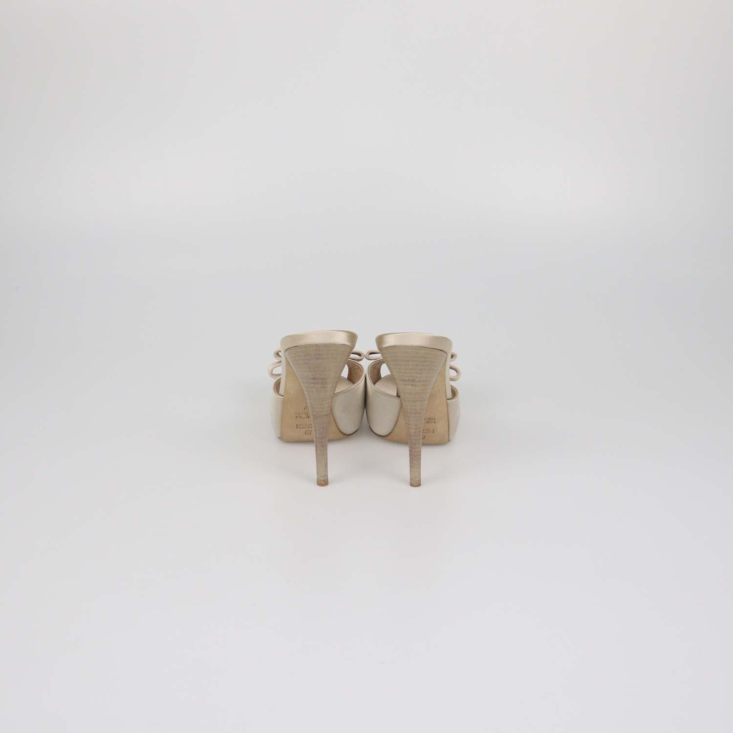 Fendi Metallic Beige Satin Bow Peep Toe Platform Sandals