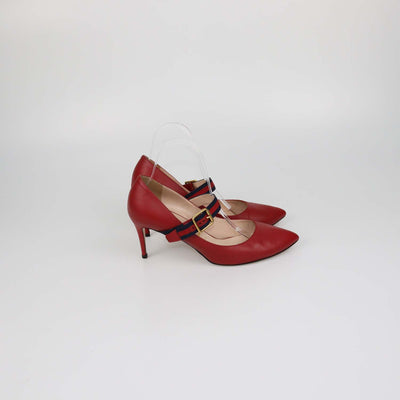 Gucci Red Leather Web Silvie Mary Jane Pumps