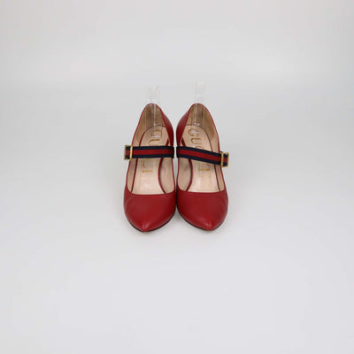 Gucci Red Leather Web Silvie Mary Jane Pumps