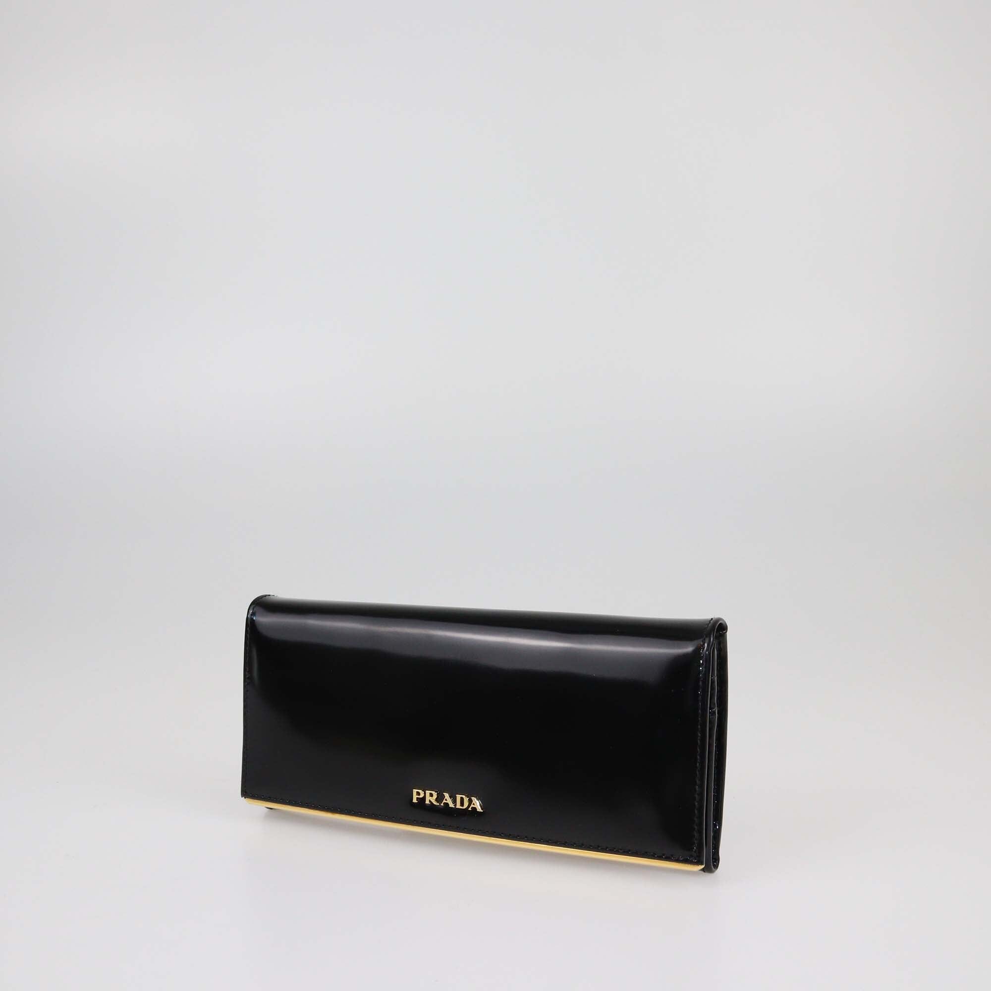 Prada Black Spazzolato Metal Continental Flap Wallet Womens Prada 