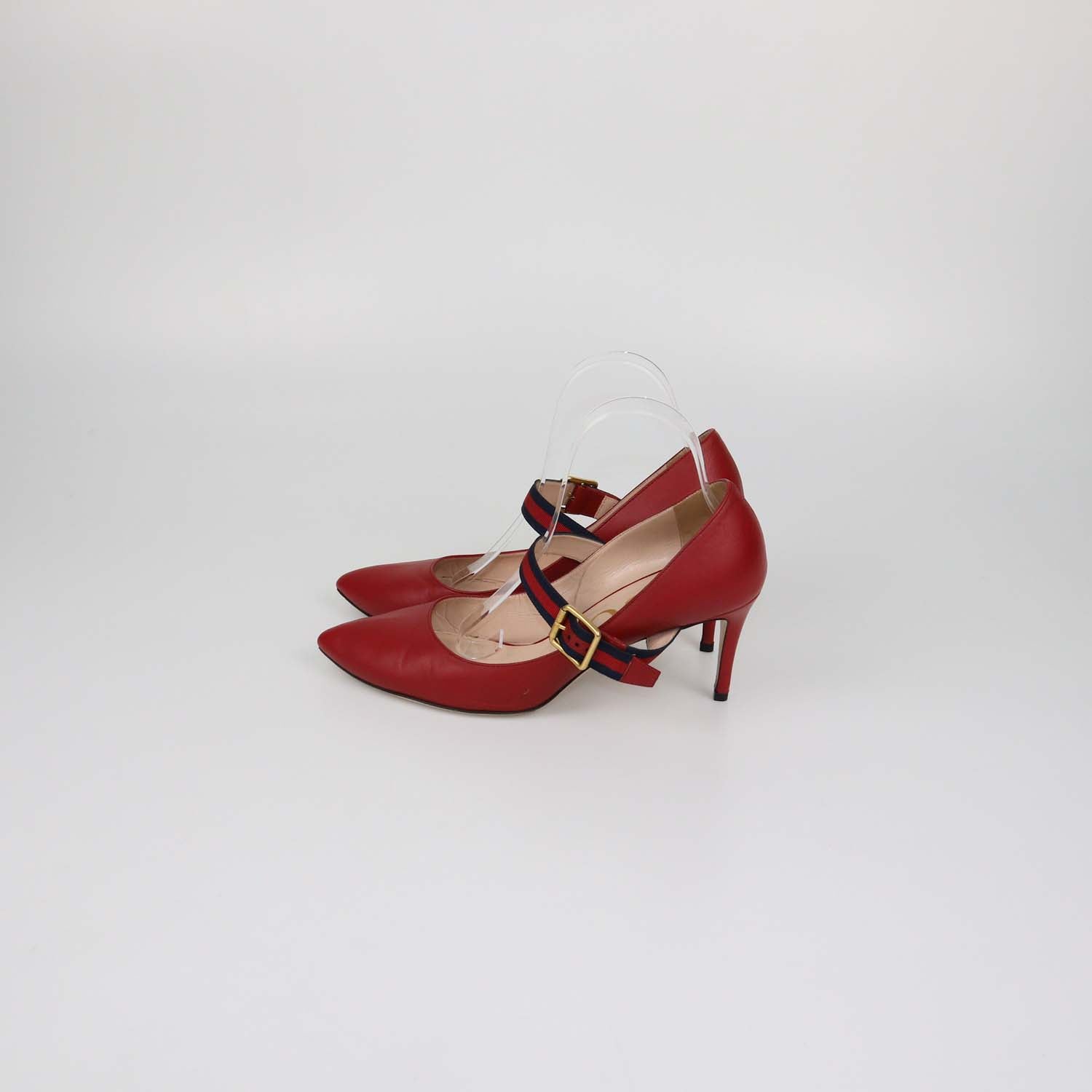 Gucci Red Leather Web Silvie Mary Jane Pumps