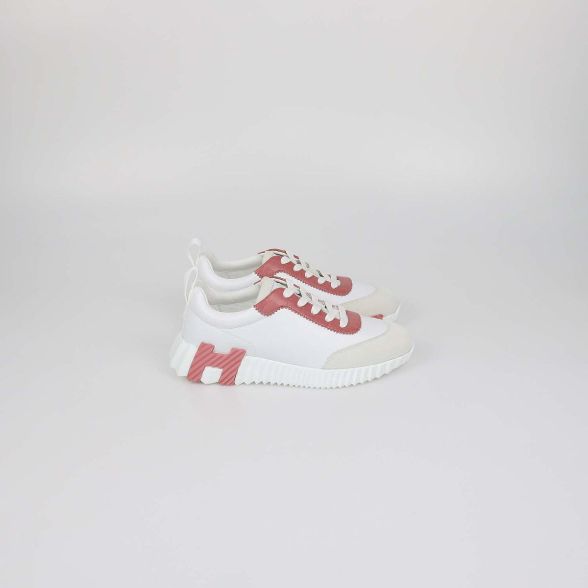 Hermes Blanc / Rose De Venise Leather and Crocodile Bouncing Sneakers