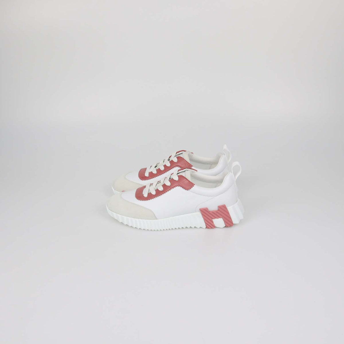 Hermes Blanc / Rose De Venise Leather and Crocodile Bouncing Sneakers