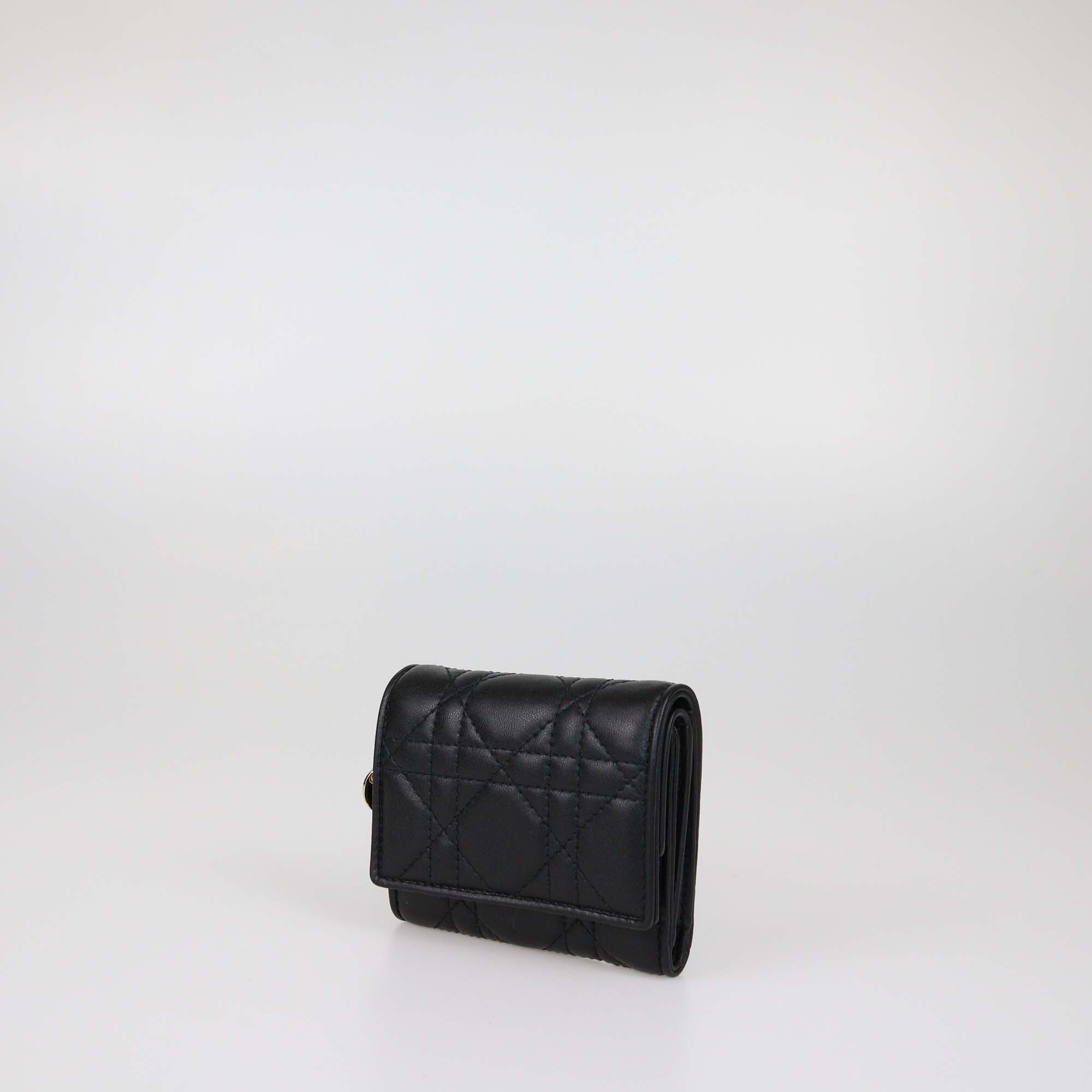 Christian Dior Black Cannage Leather Lady Dior Tri Fold Compact Wallet