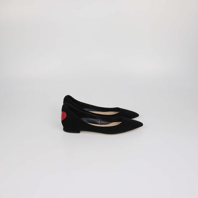 Christian Dior Black Leather Suede Heart Pointed Toe Ballet Flats