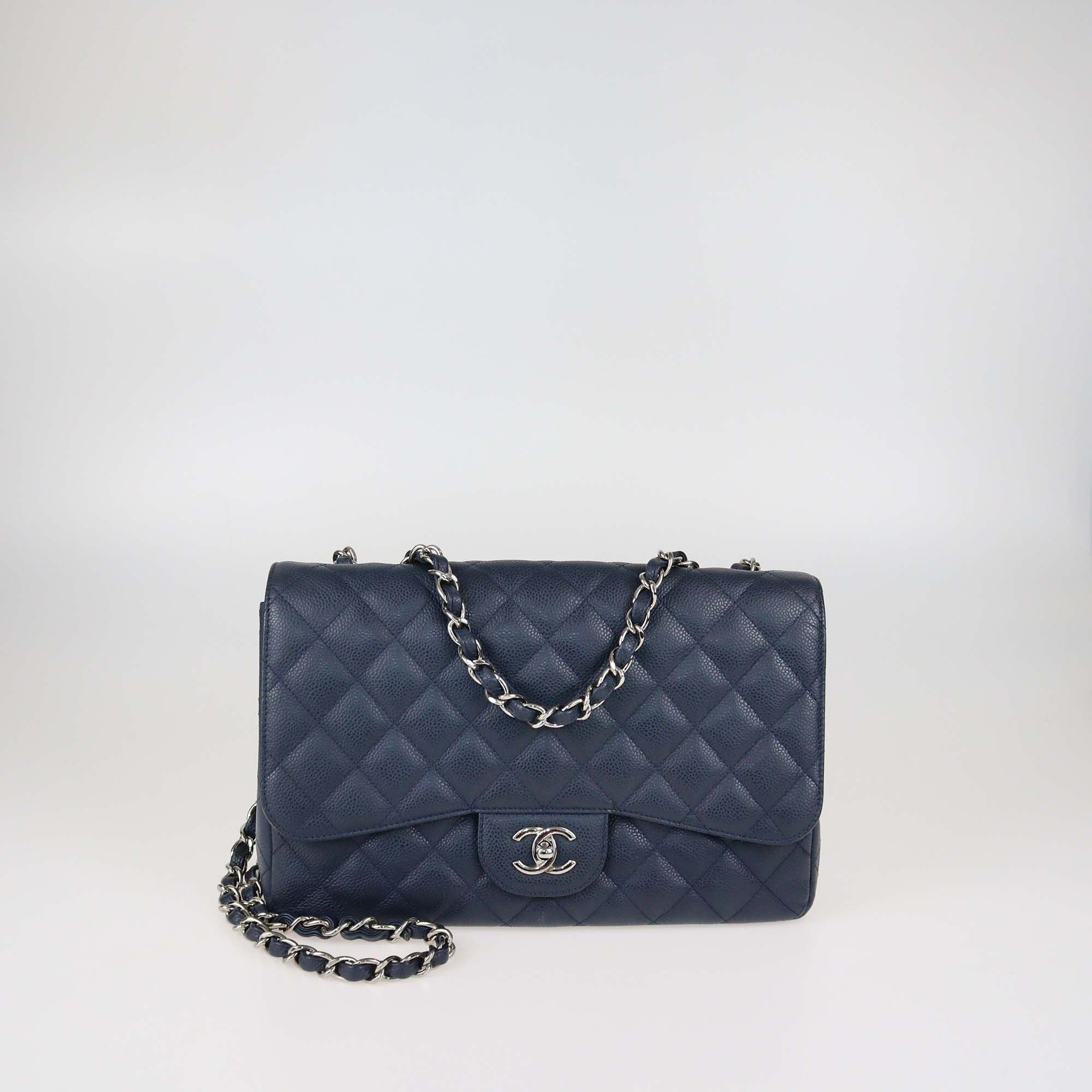 Chanel Navy Blue Quilted Caviar Leather Jumbo Classic Single Flap Bag