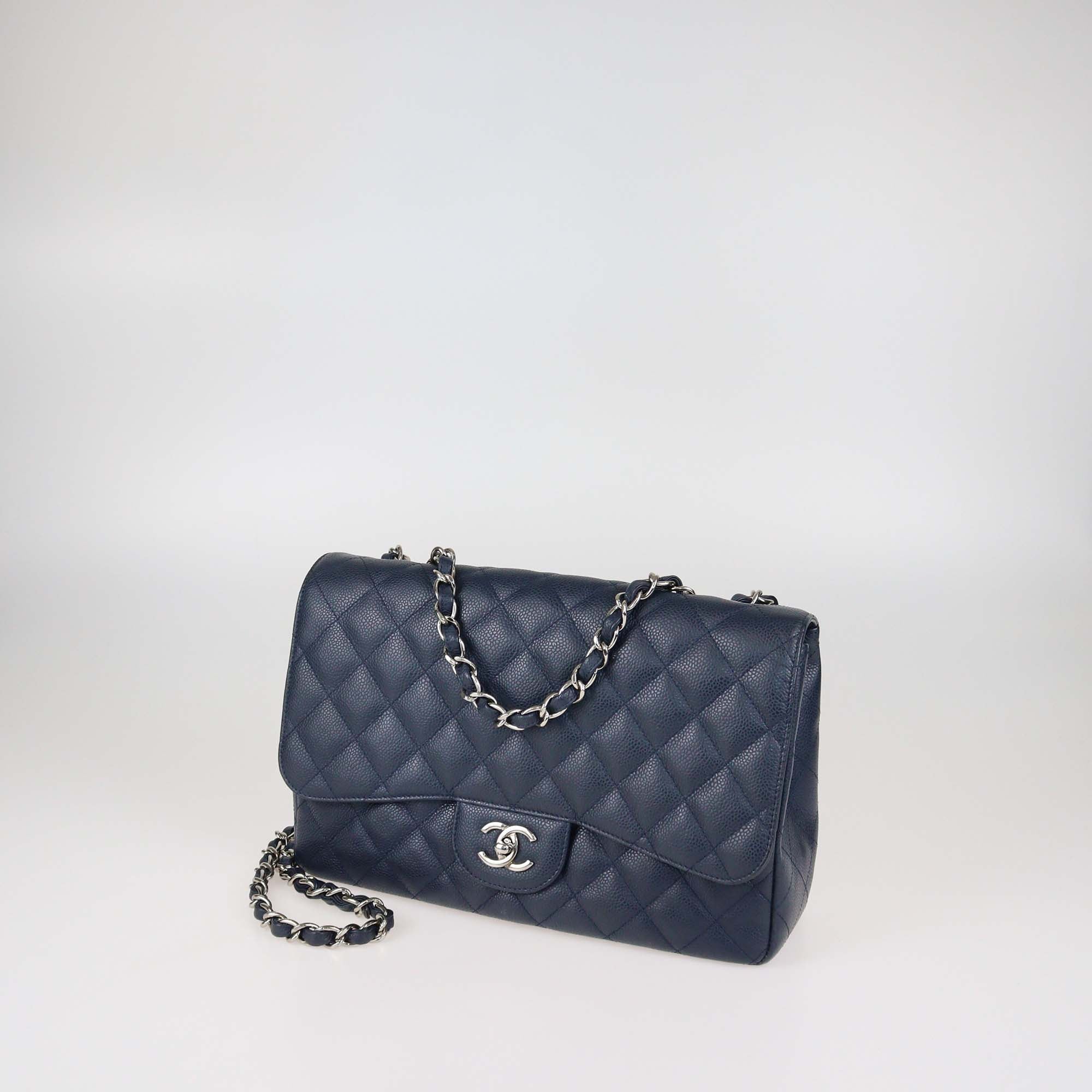 Chanel Navy Blue Quilted Caviar Leather Jumbo Classic Single Flap Bag