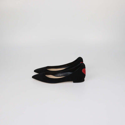 Christian Dior Black Leather Suede Heart Pointed Toe Ballet Flats