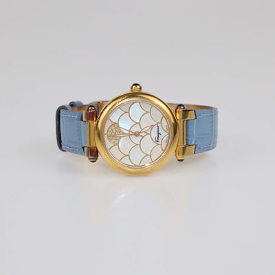 Salvatore Ferragamo Mother Of Pearl Diamond Gold Plated Stainless Steel Alligator Leather Idillio Watch 34 mm
