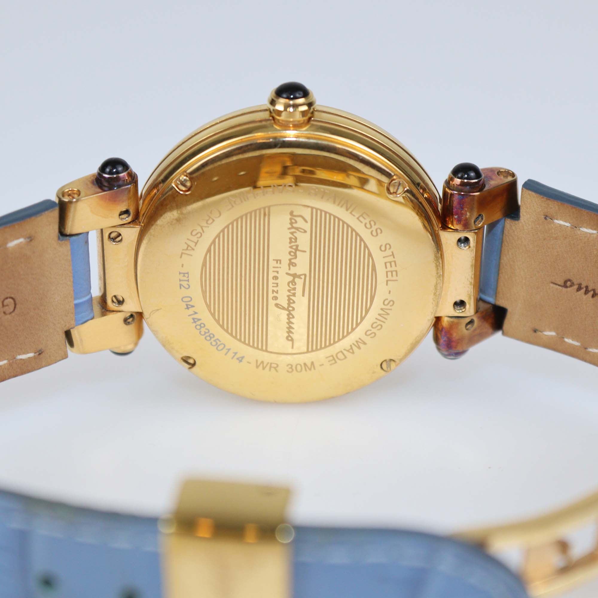 Salvatore Ferragamo Mother Of Pearl Diamond Gold Plated Stainless Steel Alligator Leather Idillio Watch 34 mm