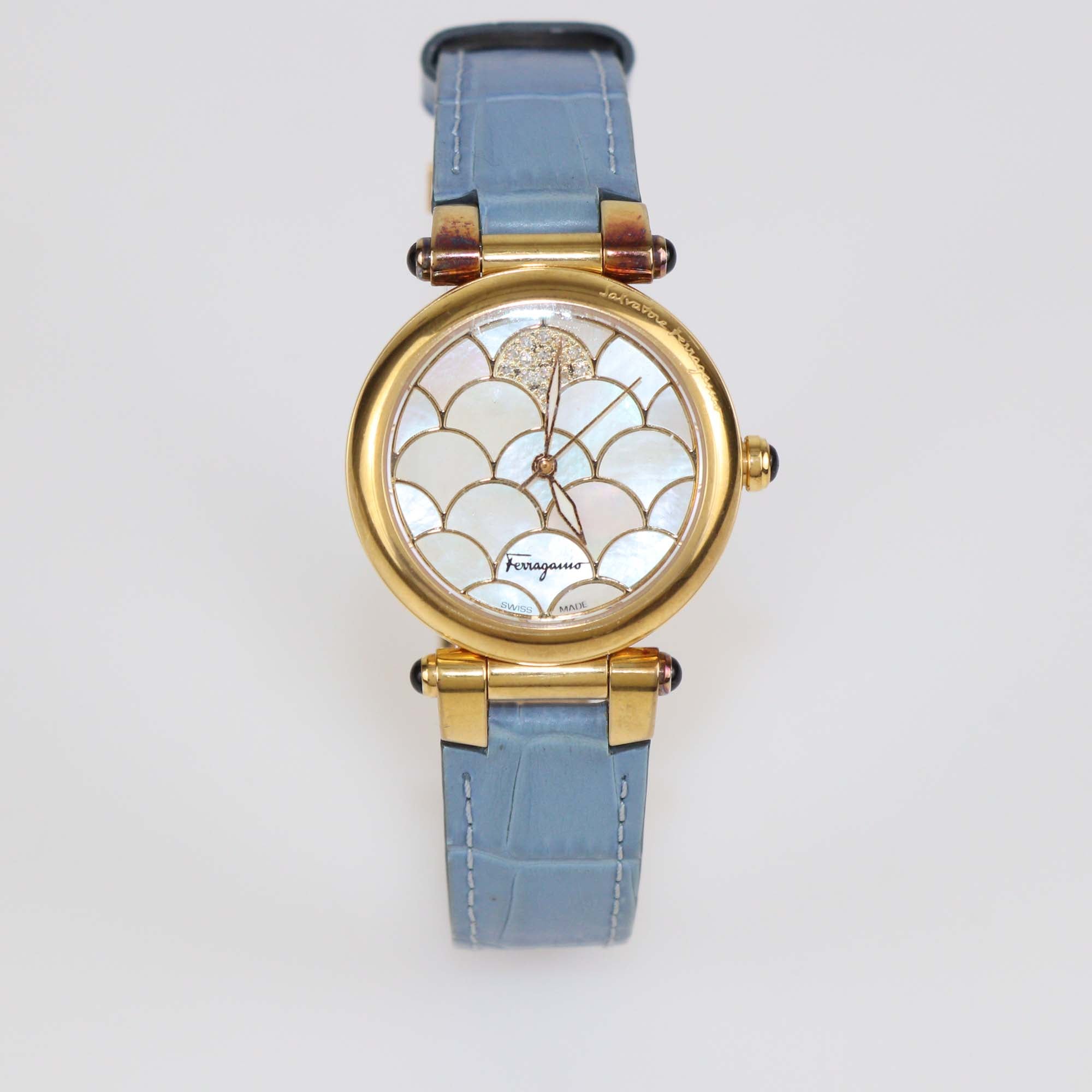 Salvatore Ferragamo Mother Of Pearl Diamond Gold Plated Stainless Steel Alligator Leather Idillio Watch 34 mm