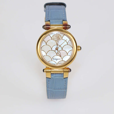 Salvatore Ferragamo Mother Of Pearl Diamond Gold Plated Stainless Steel Alligator Leather Idillio Watch 34 mm