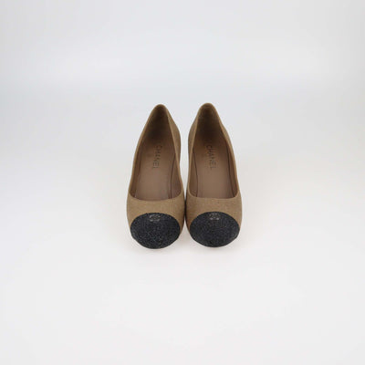 Chanel Beige/Black Textured Glitter Effect CC Cap Toe Pumps Womens Chanel 