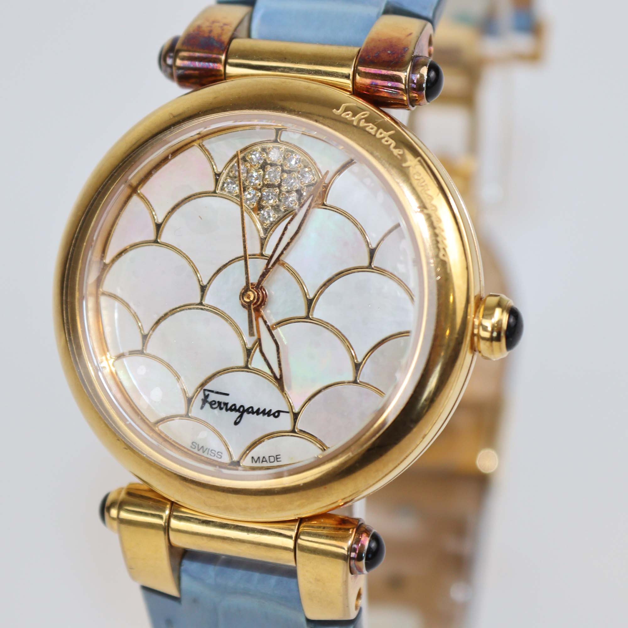Salvatore Ferragamo Mother Of Pearl Diamond Gold Plated Stainless Steel Alligator Leather Idillio Watch 34 mm