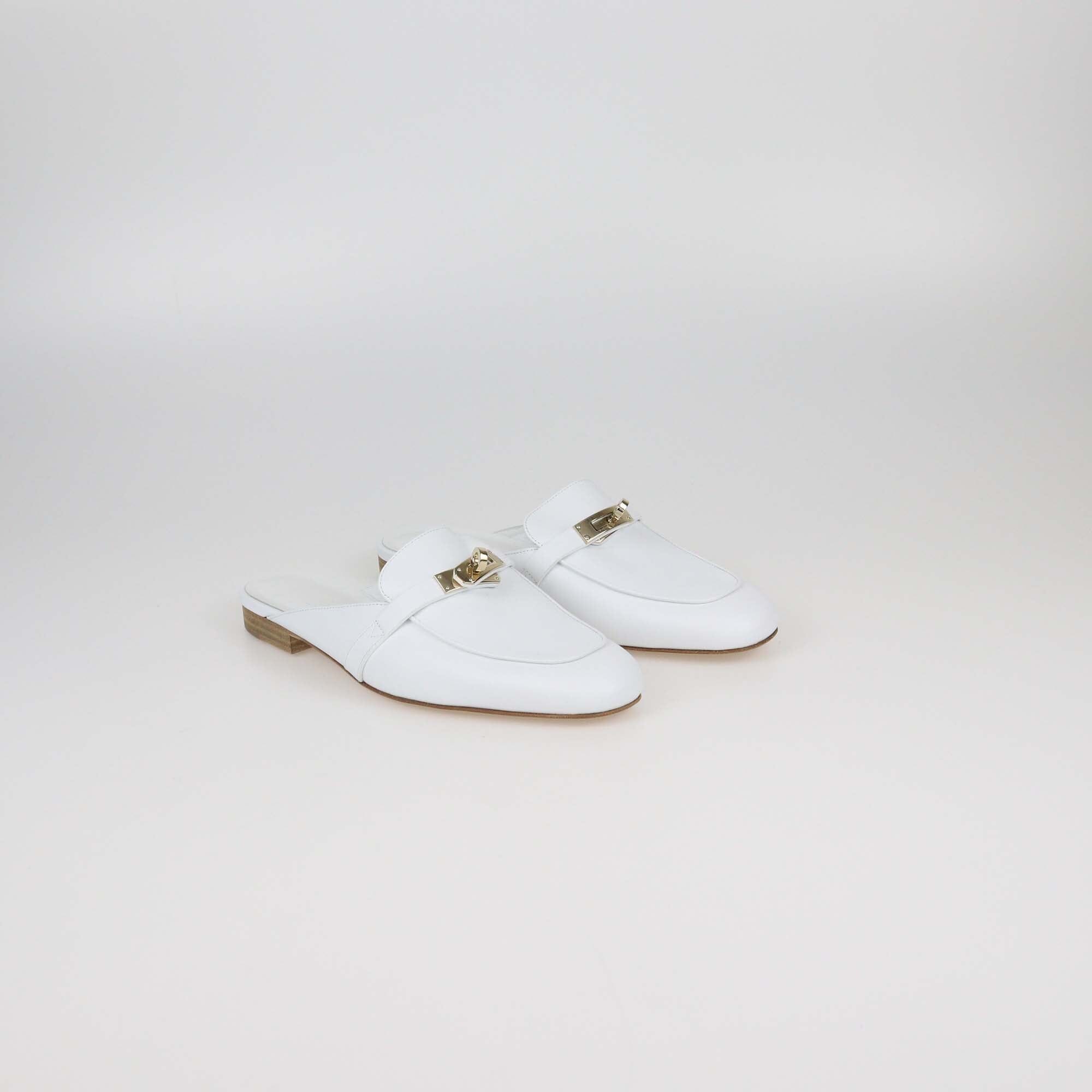 Hermes White Leather OZ Mules Womens Hermes 