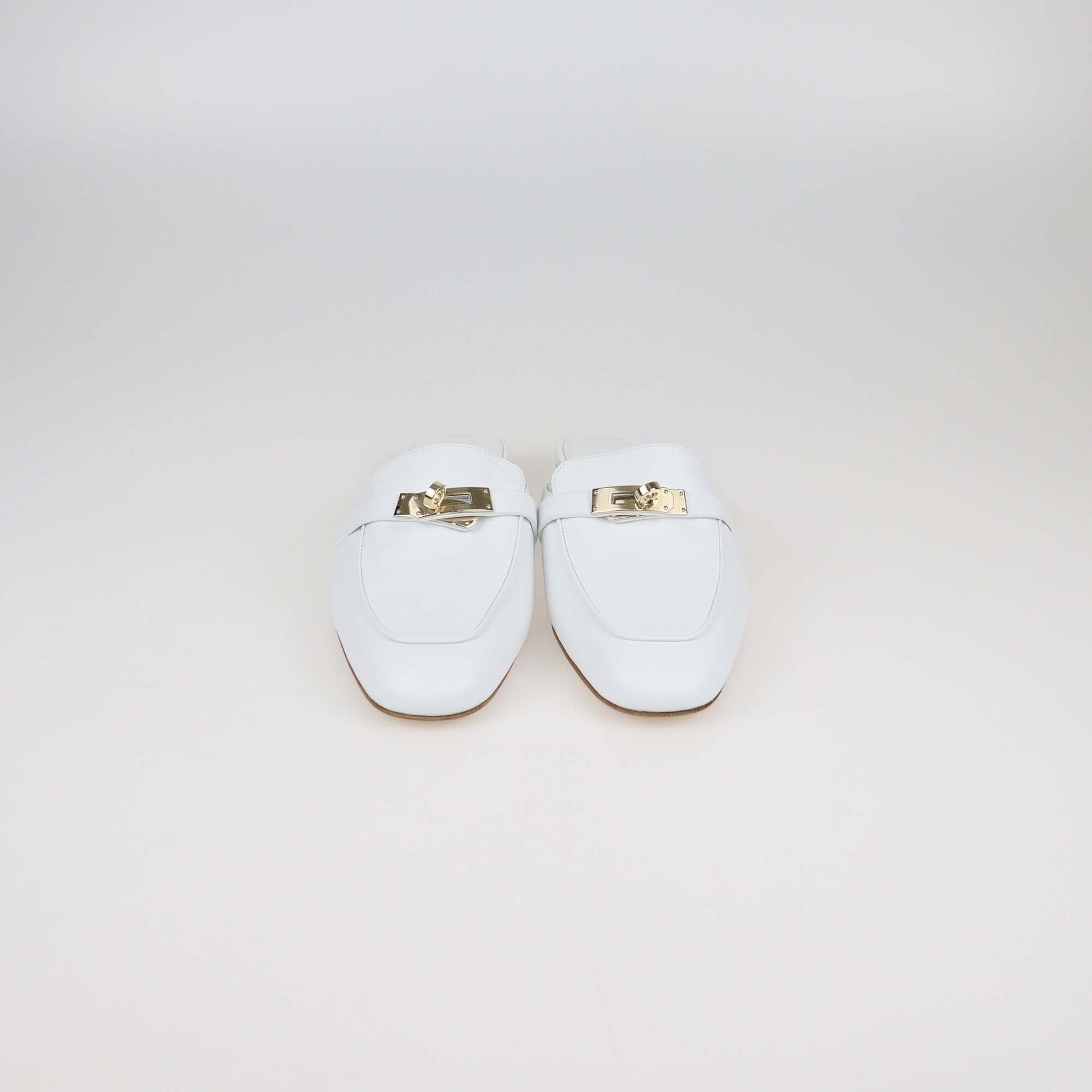 Hermes White Leather OZ Mules Womens Hermes 