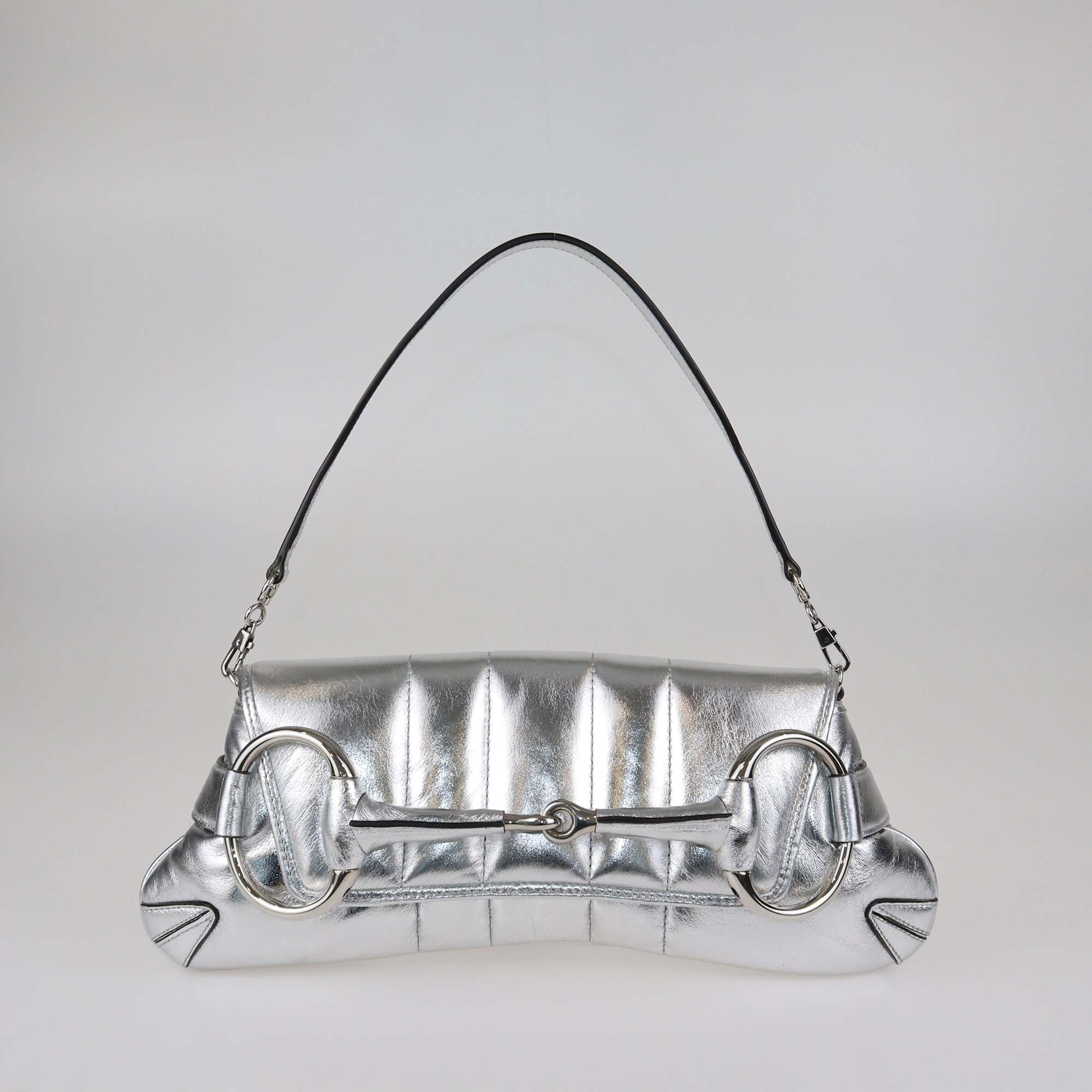 Gucci Silver Leather Medium Horsebit Chain Shoulder Bag