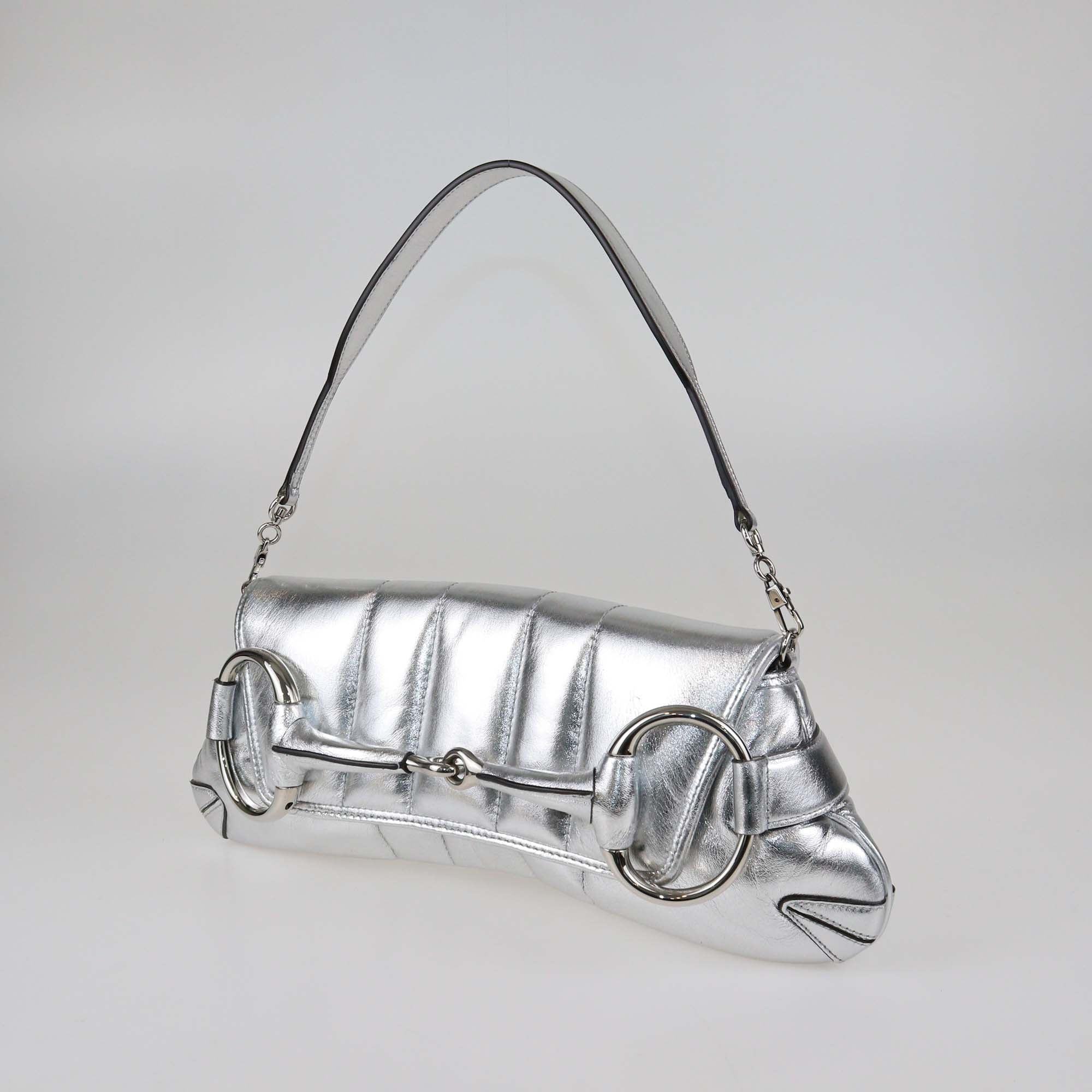 Gucci Silver Leather Medium Horsebit Chain Shoulder Bag