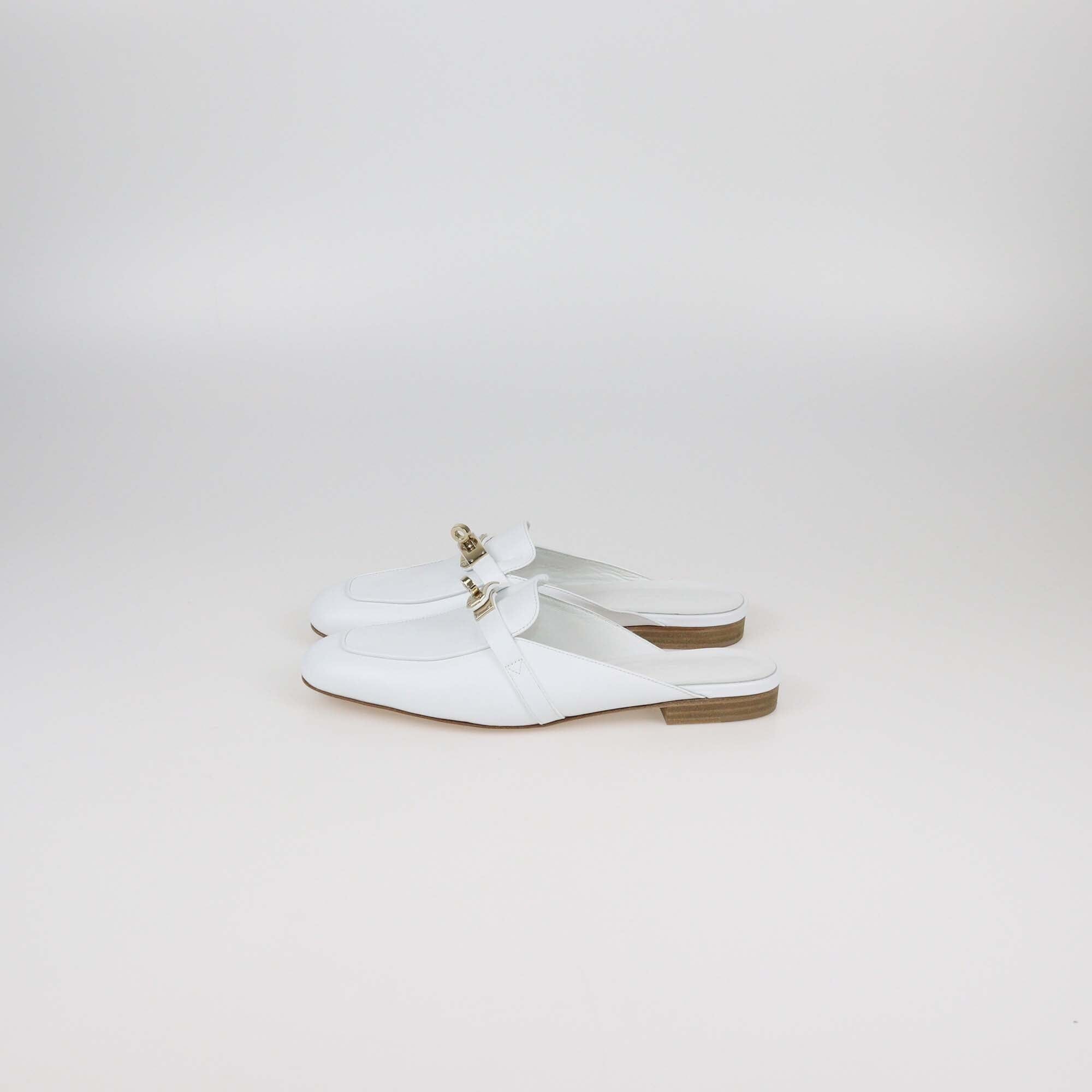 Hermes White Leather OZ Mules Womens Hermes 