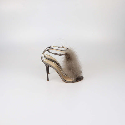 Charlotte Olympia Grey Lizard and Feather Ankle Strap Sandals
