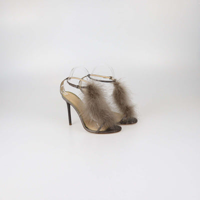 Charlotte Olympia Grey Lizard and Feather Ankle Strap Sandals