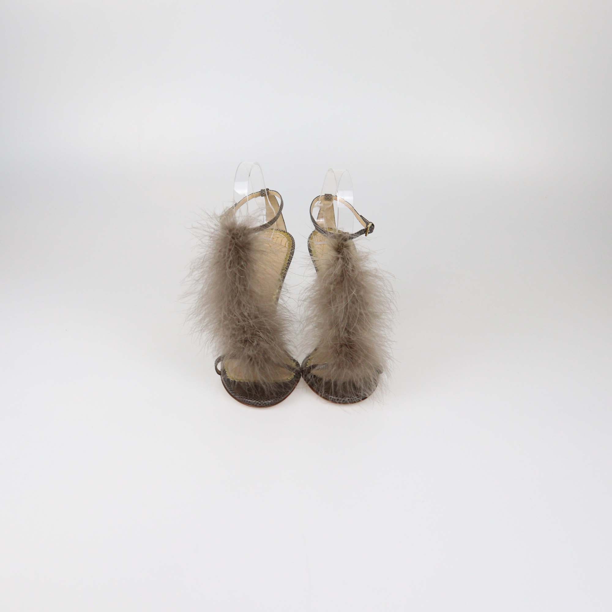Charlotte Olympia Grey Lizard and Feather Ankle Strap Sandals