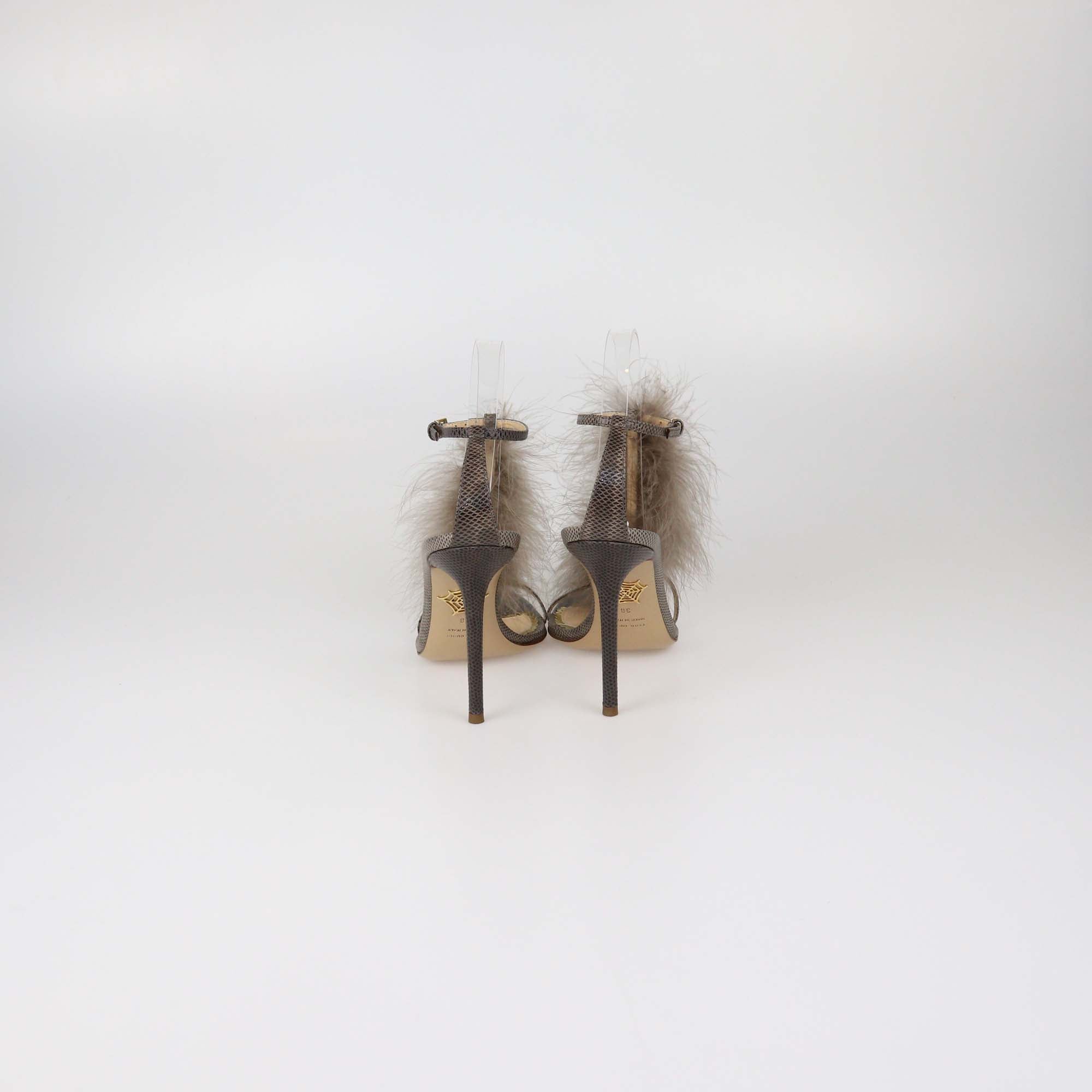 Charlotte Olympia Grey Lizard and Feather Ankle Strap Sandals