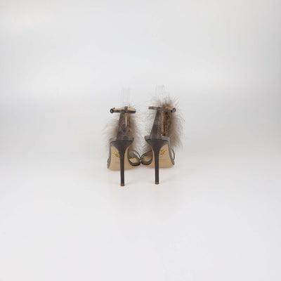 Charlotte Olympia Grey Lizard and Feather Ankle Strap Sandals