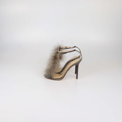 Charlotte Olympia Grey Lizard and Feather Ankle Strap Sandals