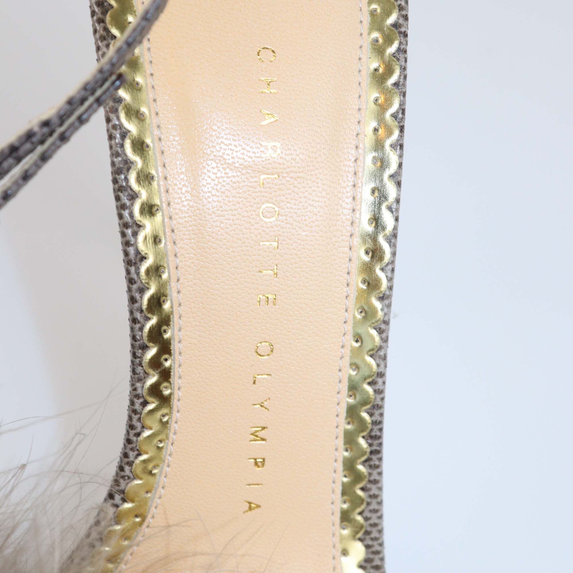 Charlotte Olympia Grey Lizard and Feather Ankle Strap Sandals