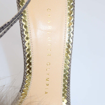 Charlotte Olympia Grey Lizard and Feather Ankle Strap Sandals
