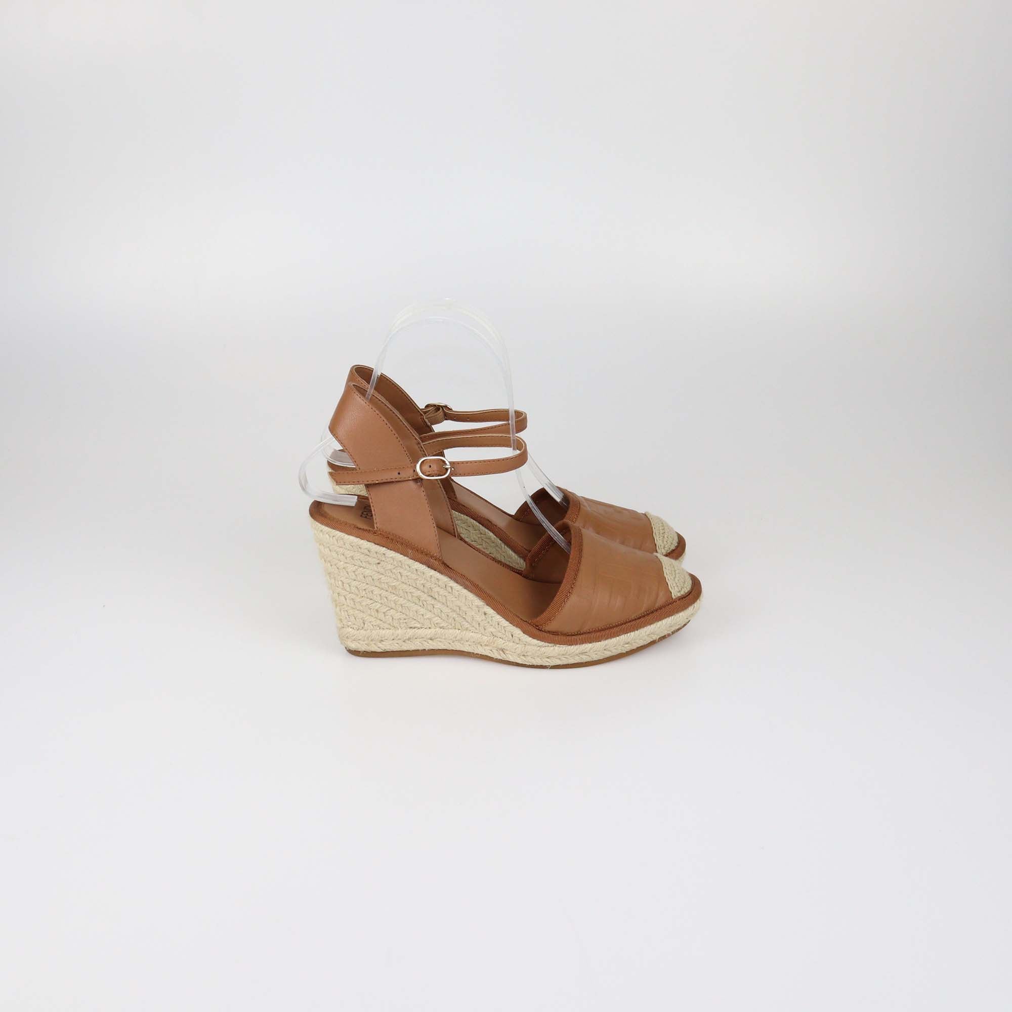 Fendi Brown FF Embossed Leather Espadrille Ankle Strap Wedge Sandals