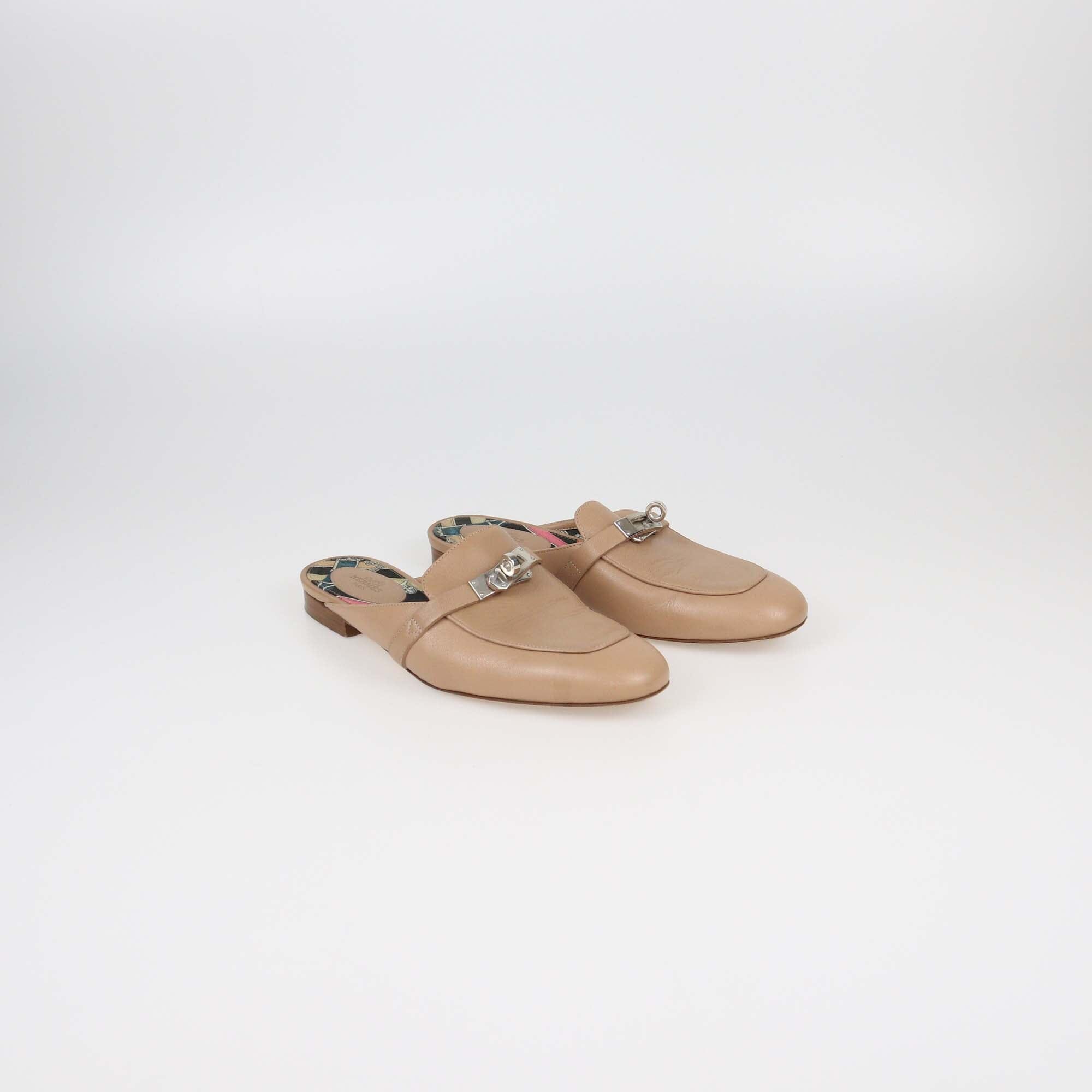 Hermes Beige Leather OZ Mules Womens Hermes 